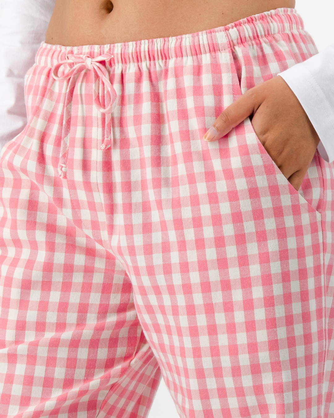 Womens Lounge Pants - Pink Gingham on Cream
