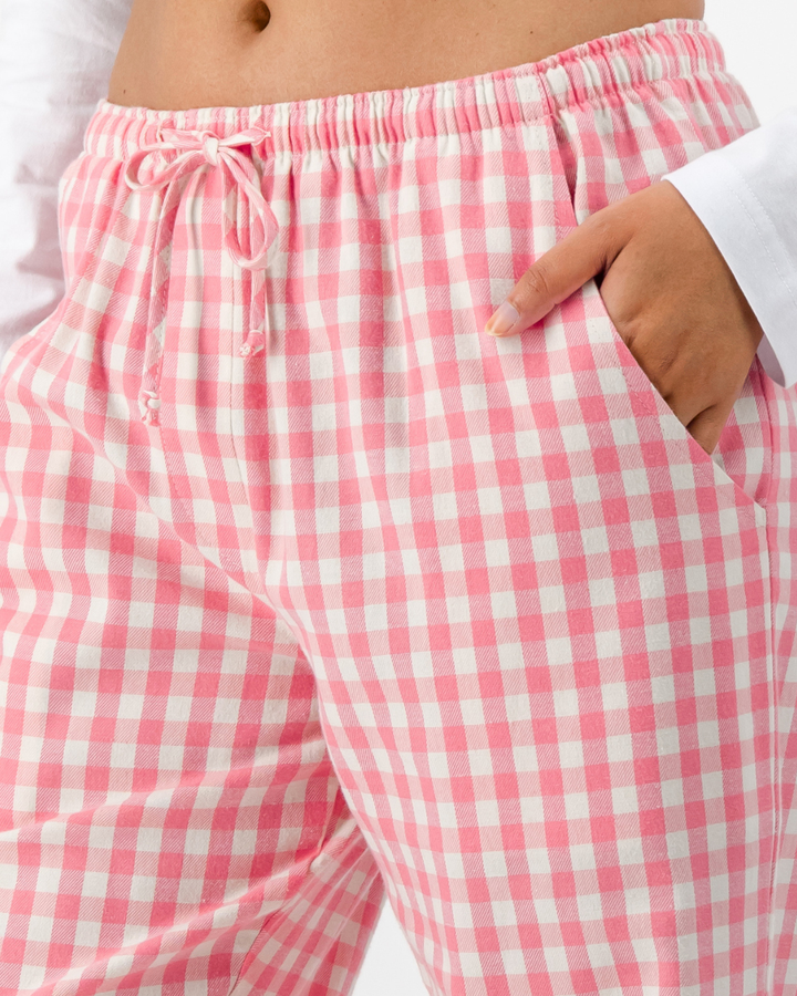 Womens Lounge Pants - Pink Gingham on Cream