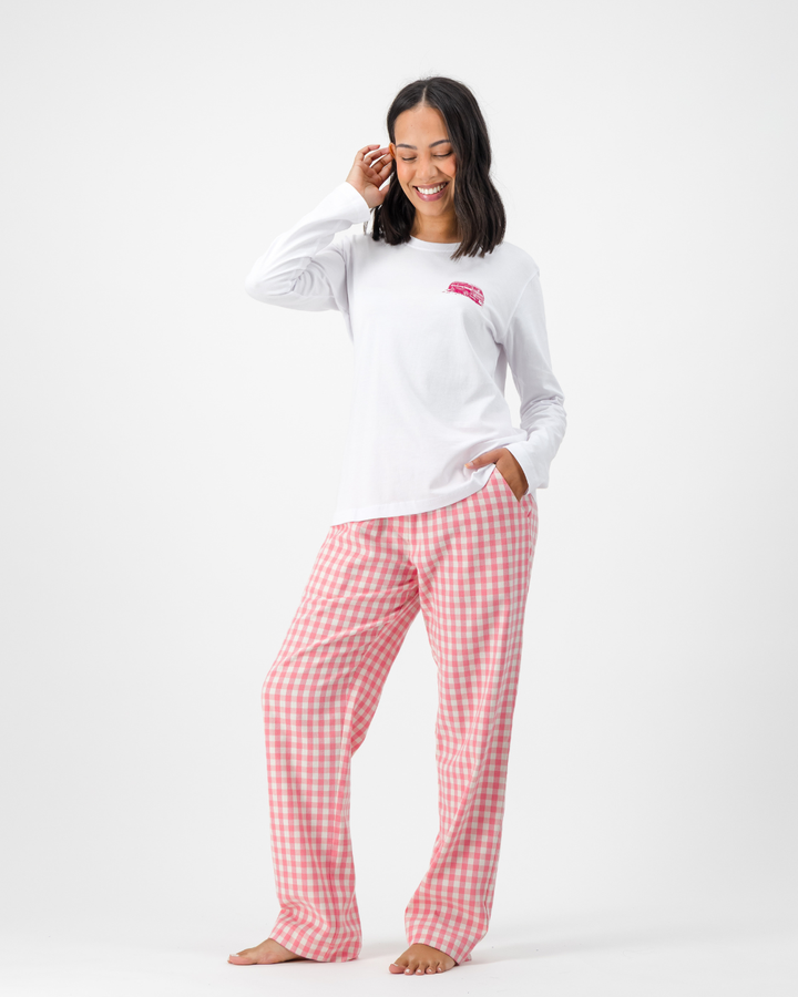 Womens Lounge Pants - Pink Gingham on Cream