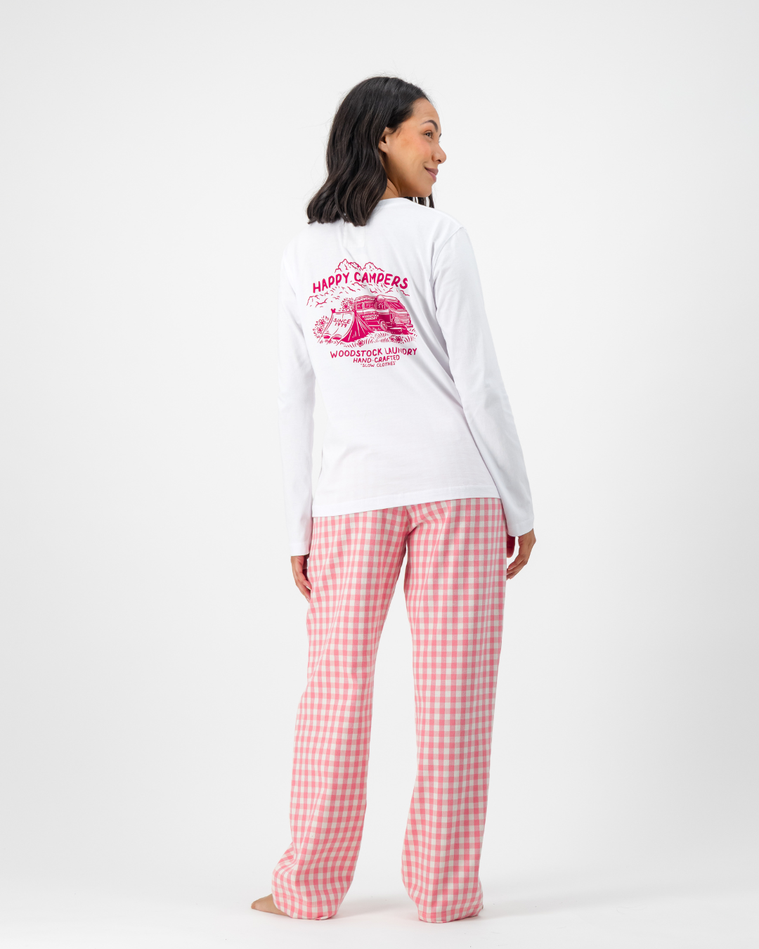 Womens Lounge Pants - Pink Gingham on Cream