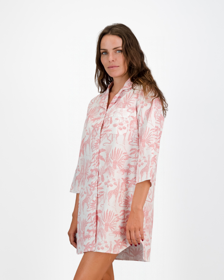Womens Sleepshirt - Pink Mono Safari on White
