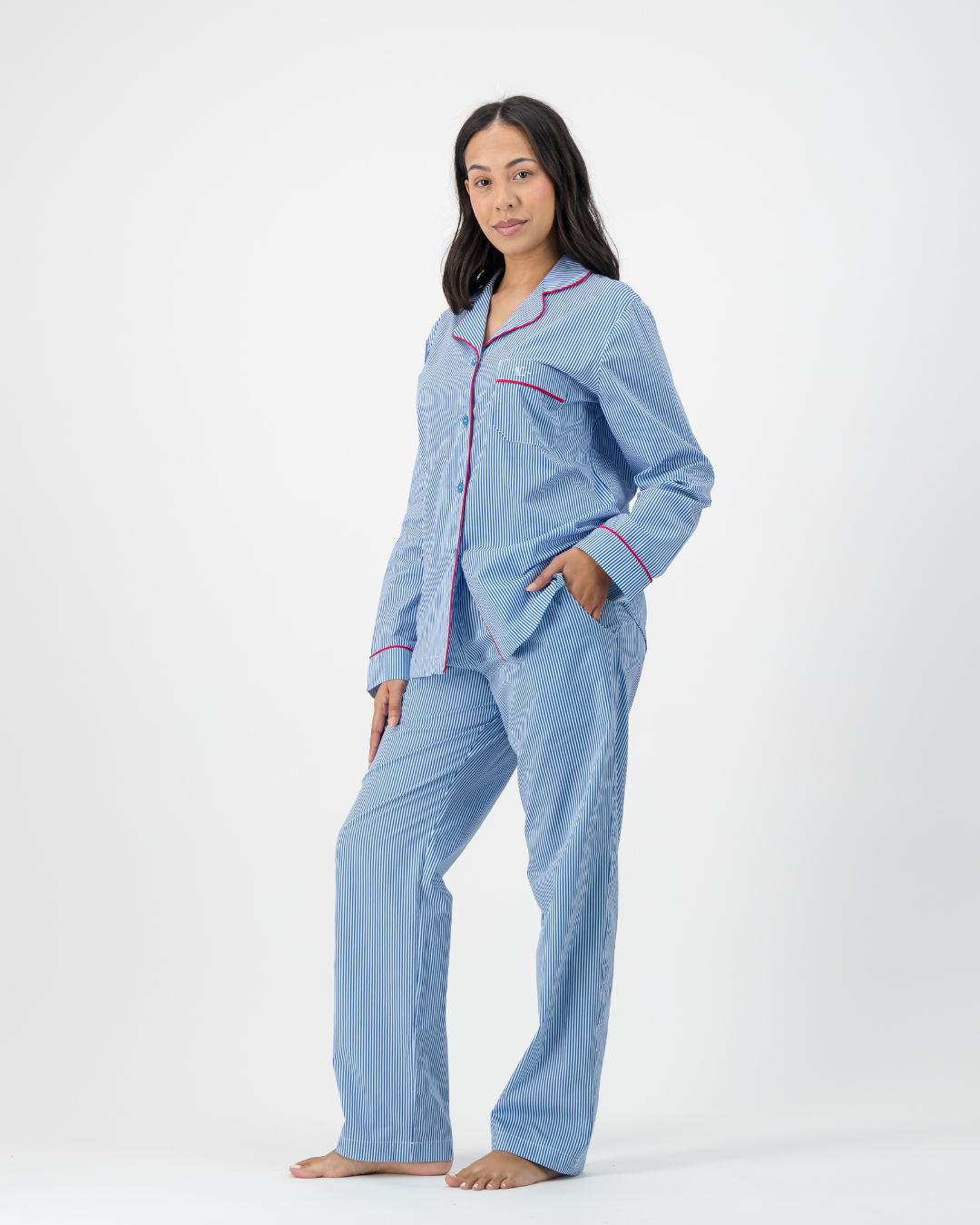 Womens Long Pyjamas - Blue Stripes on White