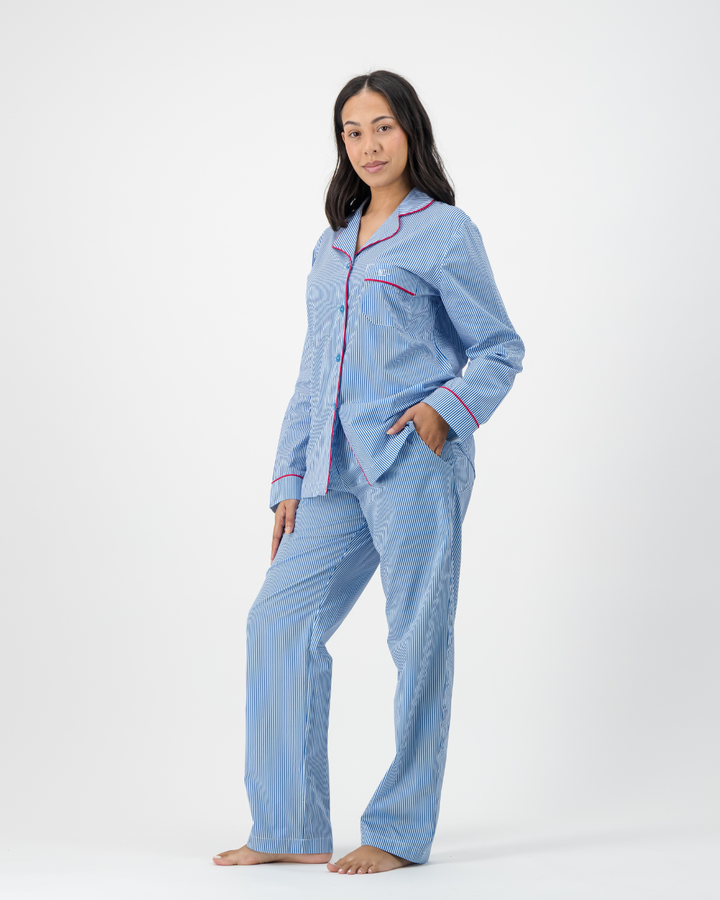 Womens Long Pyjamas - Blue Stripes on White