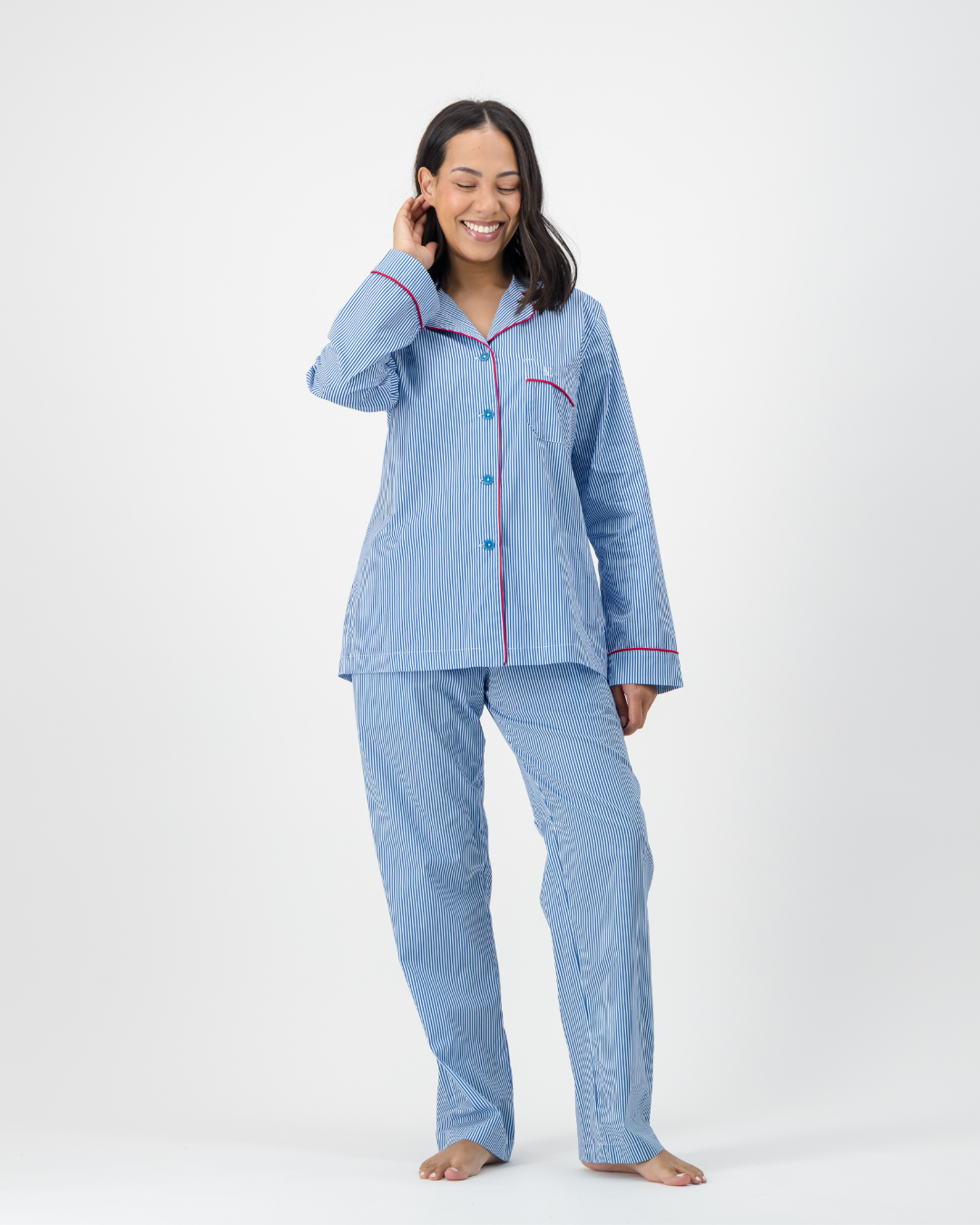 Womens Long Pyjamas - Blue Stripes on White