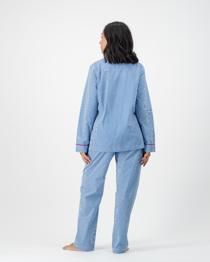 Womens Long Pyjamas - Blue Stripes on White