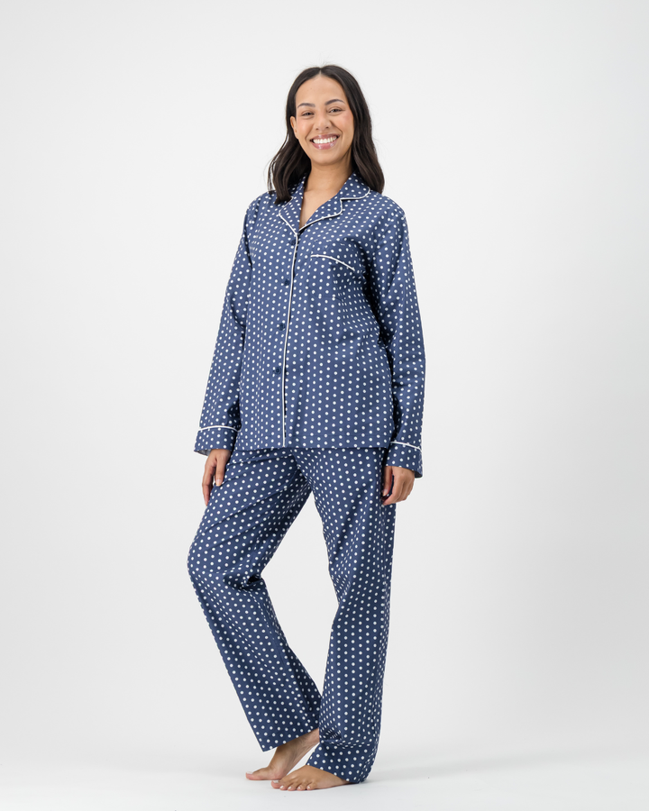 Womens Long Pyjama - White Polka Dot On Navy