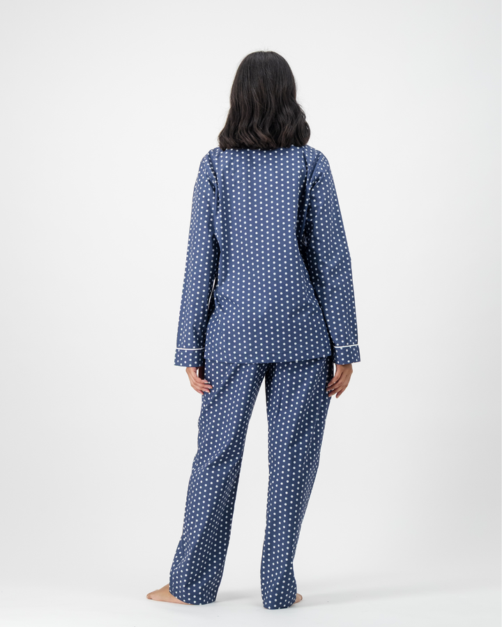 Womens Long Pyjama - White Polka Dot On Navy