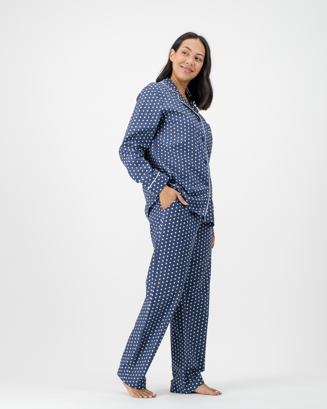 Womens Long Pyjama - White Polka Dot On Navy