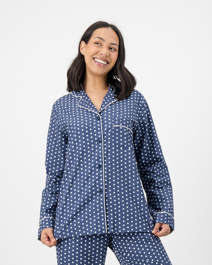 Womens Long Pyjama - White Polka Dot On Navy
