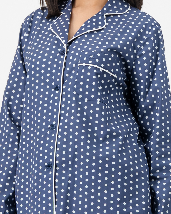 Womens Long Pyjama - White Polka Dot On Navy