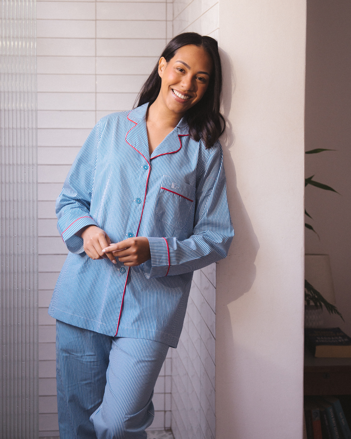 Womens Long Pyjamas - Blue Stripes on White
