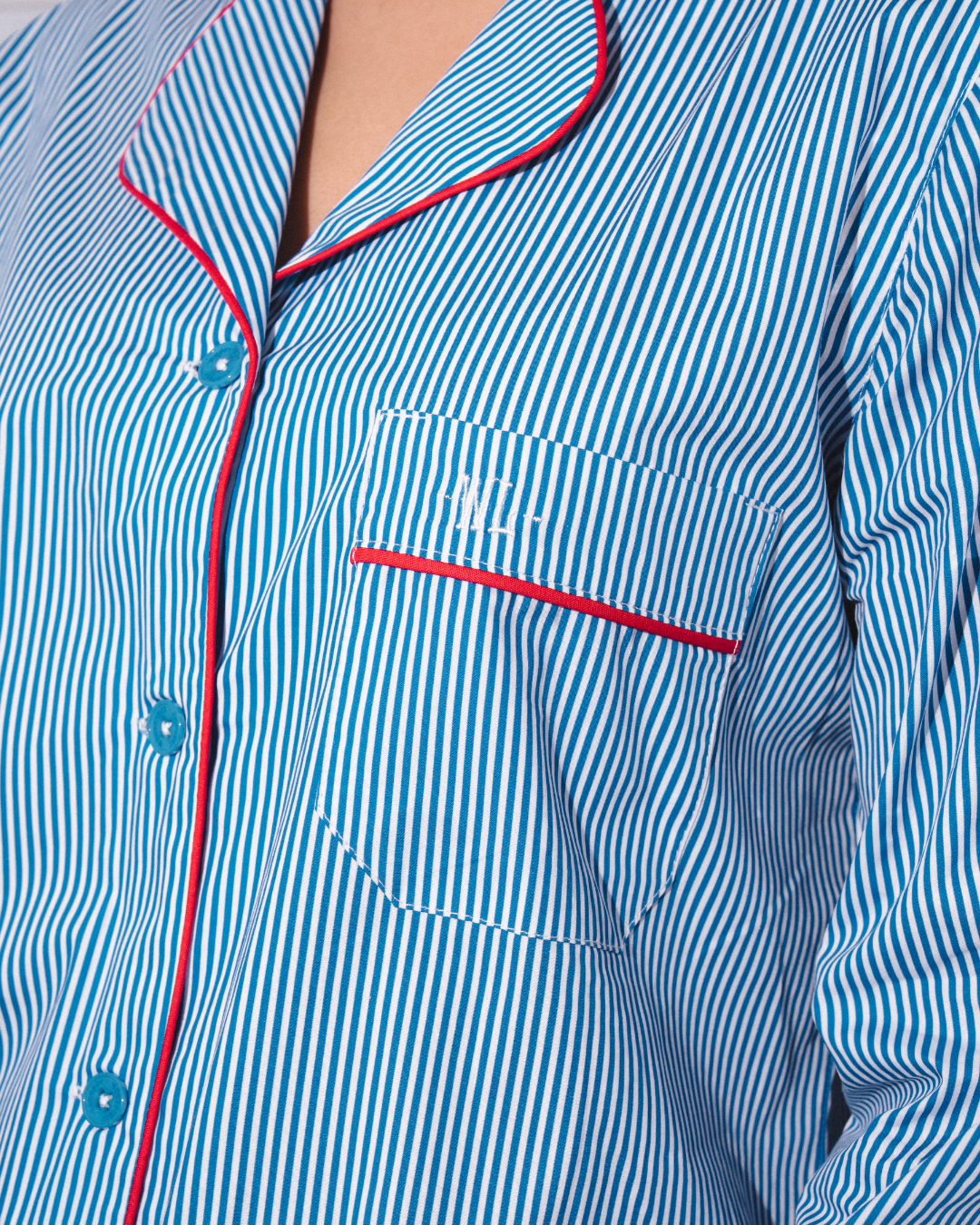 Womens Long Pyjamas - Blue Stripes on White