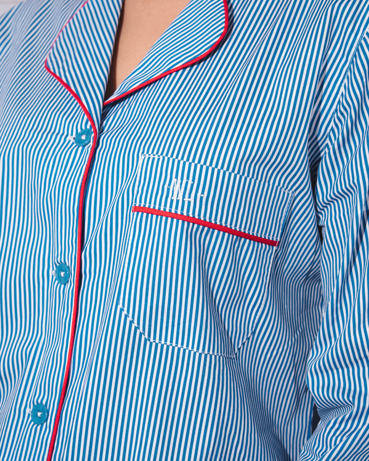 Womens Long Pyjamas - Blue Stripes on White