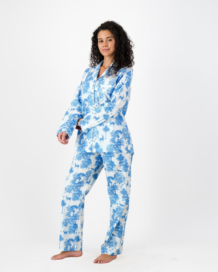 Womens Long Pyjamas - Blue Tropicana on White