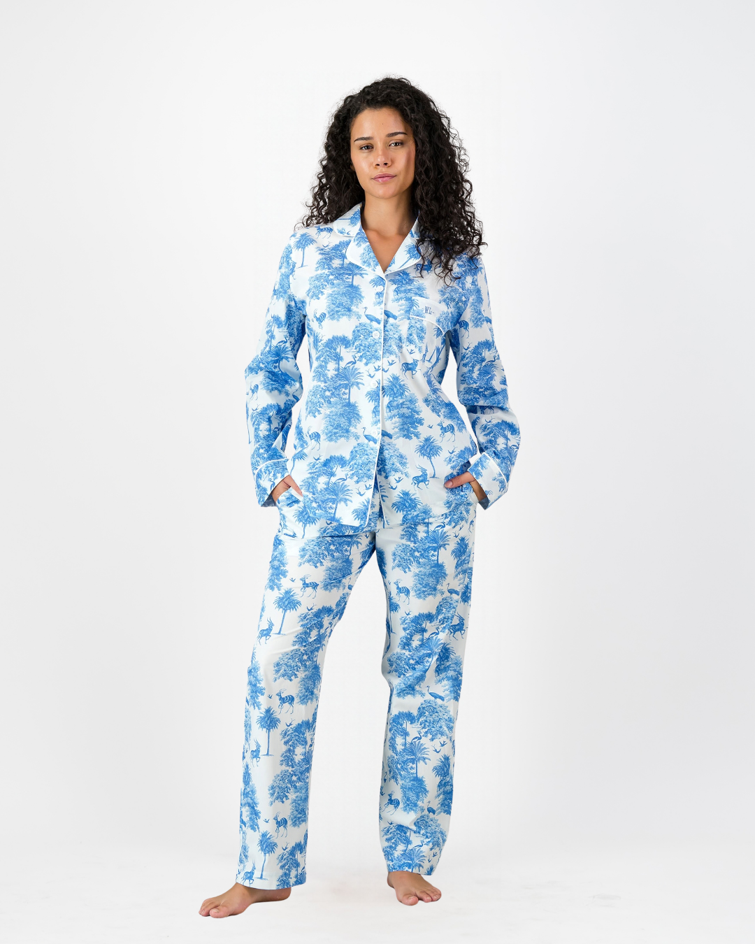 Womens Long Pyjamas - Blue Tropicana on White