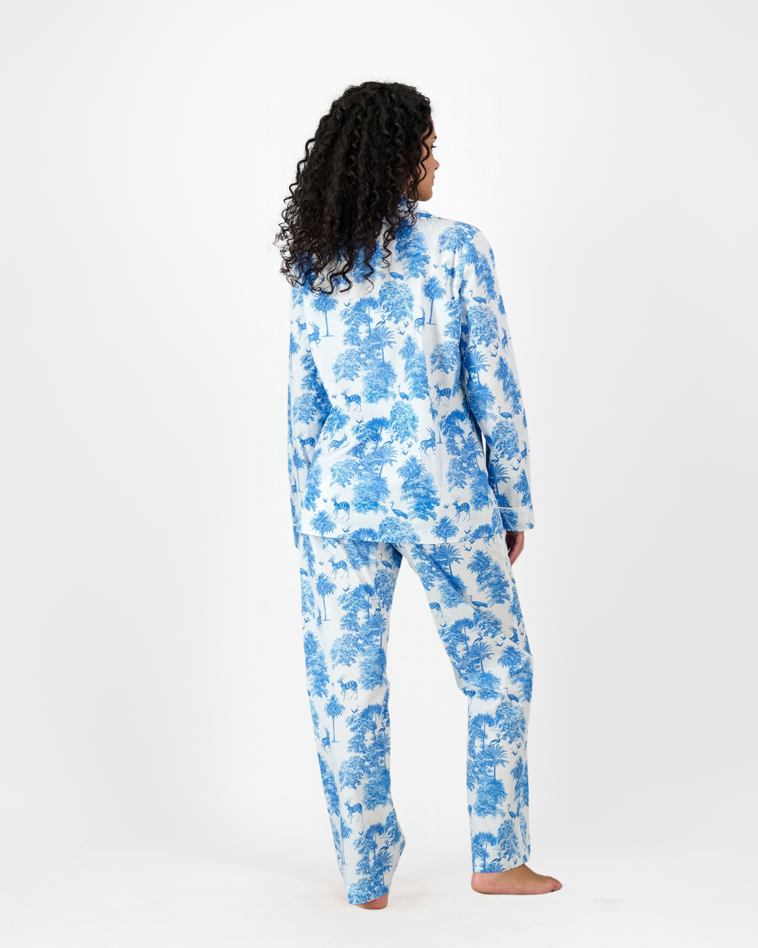 Womens Long Pyjamas - Blue Tropicana on White