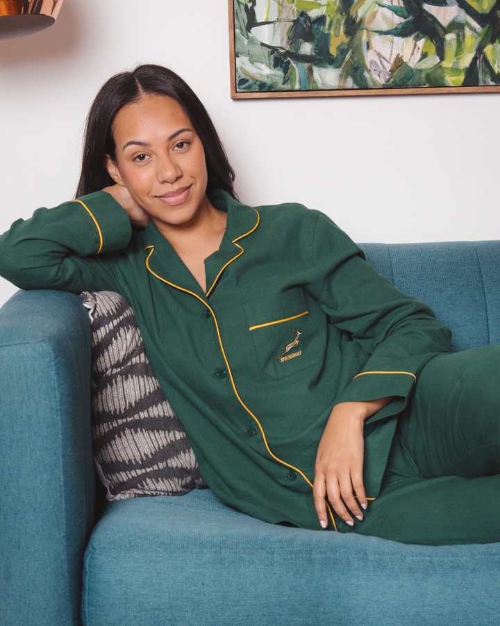 Womens Long Pyjamas - Springboks on Green