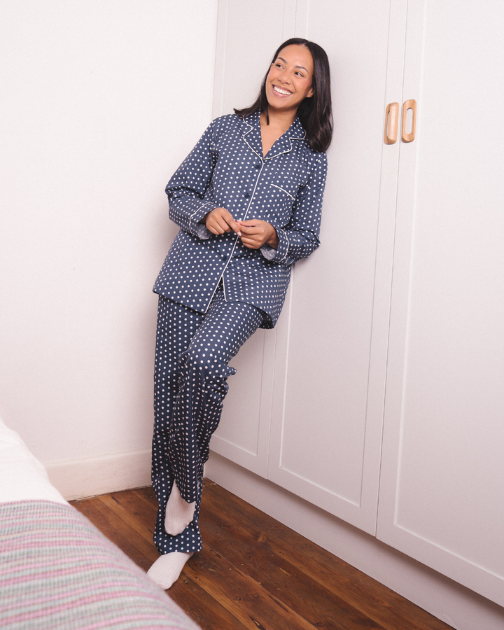 Womens Long Pyjama - White Polka Dot On Navy