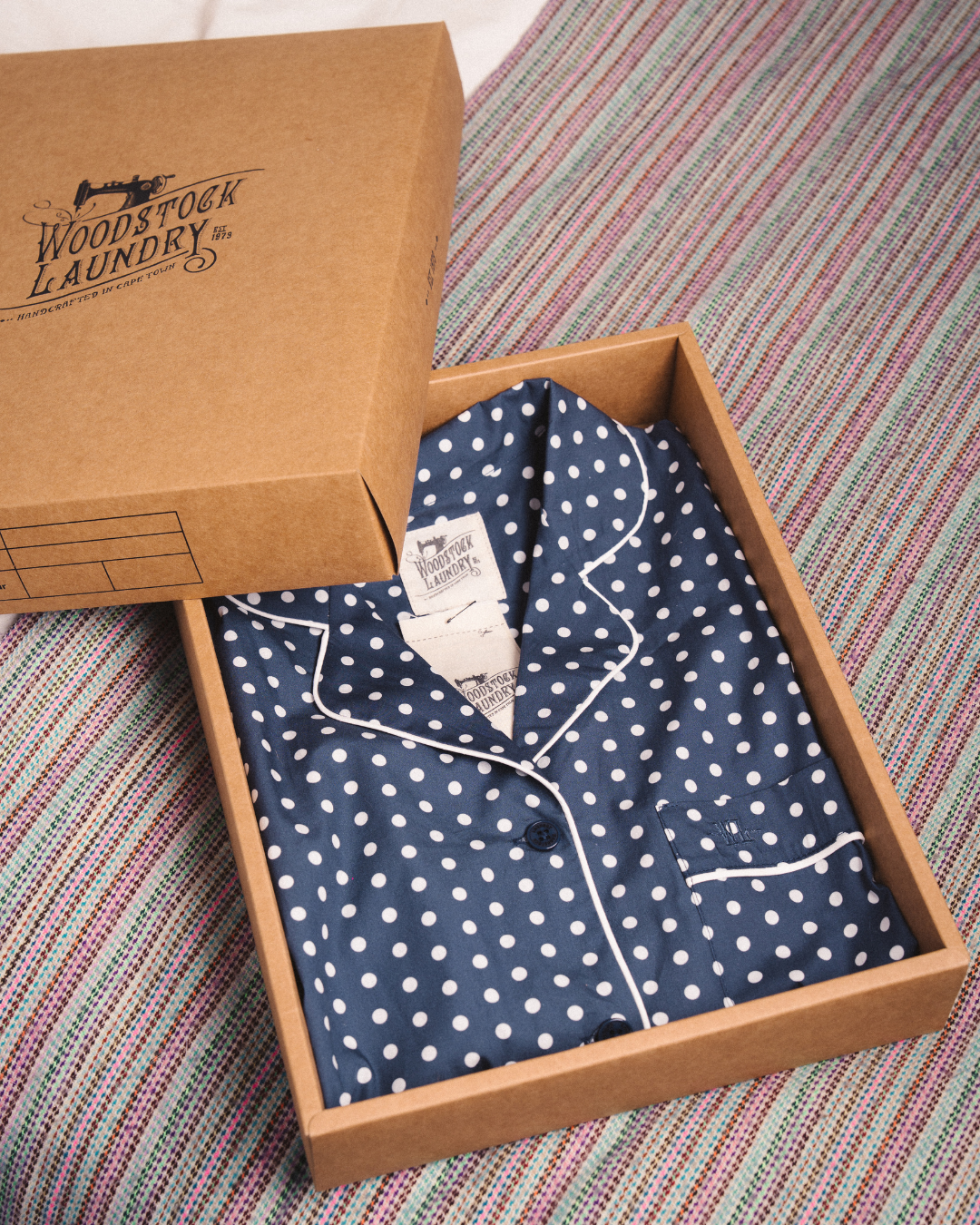 Womens Long Pyjama - White Polka Dot On Navy