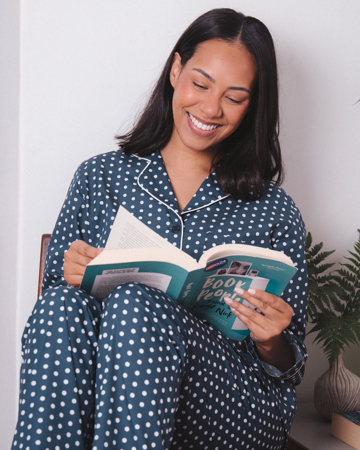 Womens Long Pyjama - White Polka Dot On Navy