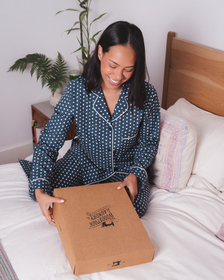 Womens Long Pyjama - White Polka Dot On Navy