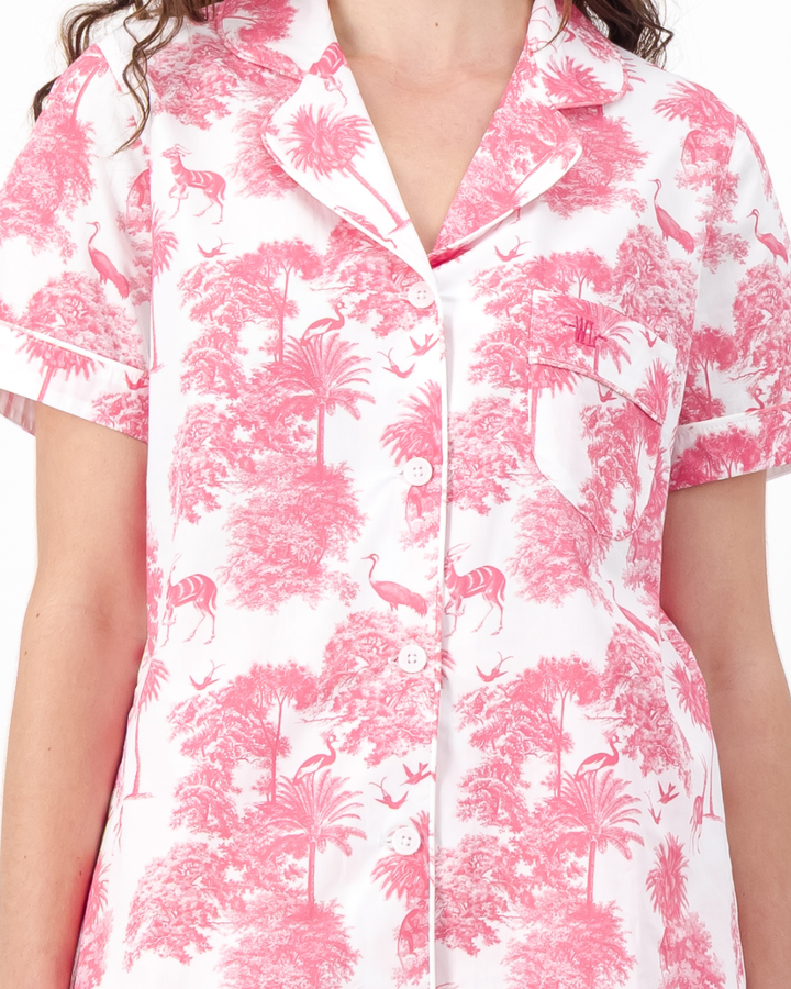 Womens Short Pyjamas - Pink Tropicana on White