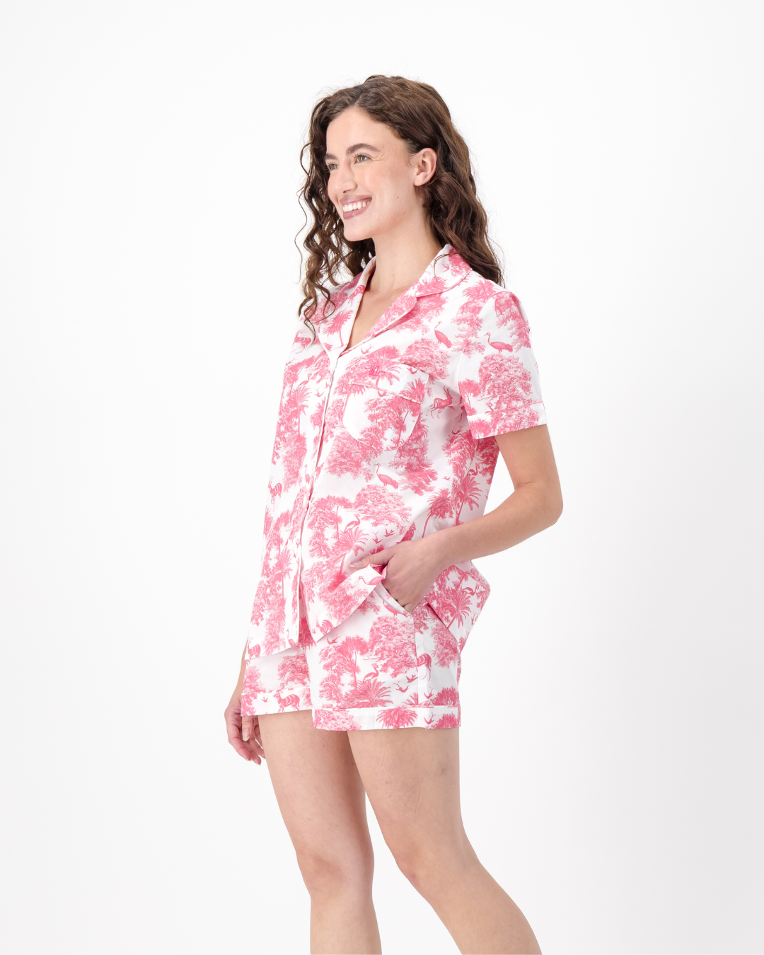 Womens Short Pyjamas - Pink Tropicana on White