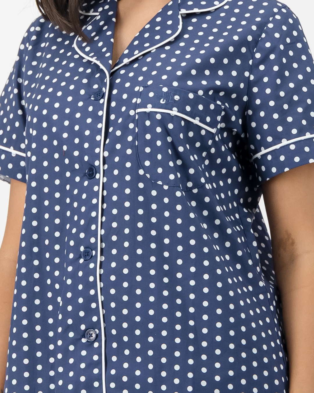Womens Short Pyjamas - White Polka Dot On Navy