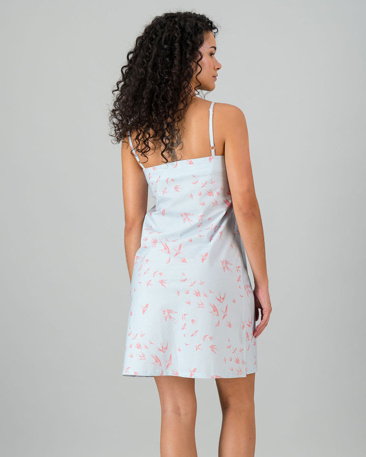 Womens Chemise Nighty - Pink Swallows on Pale Blue Back - Woodstock Laundry