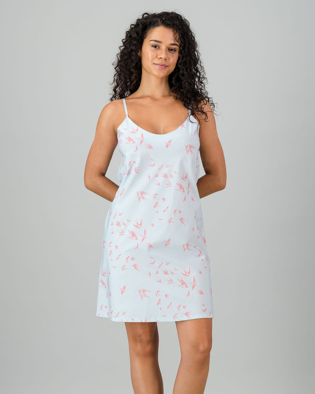 Womens Chemise Nighty - Pink Swallows on Pale Blue Front - Woodstock Laundry