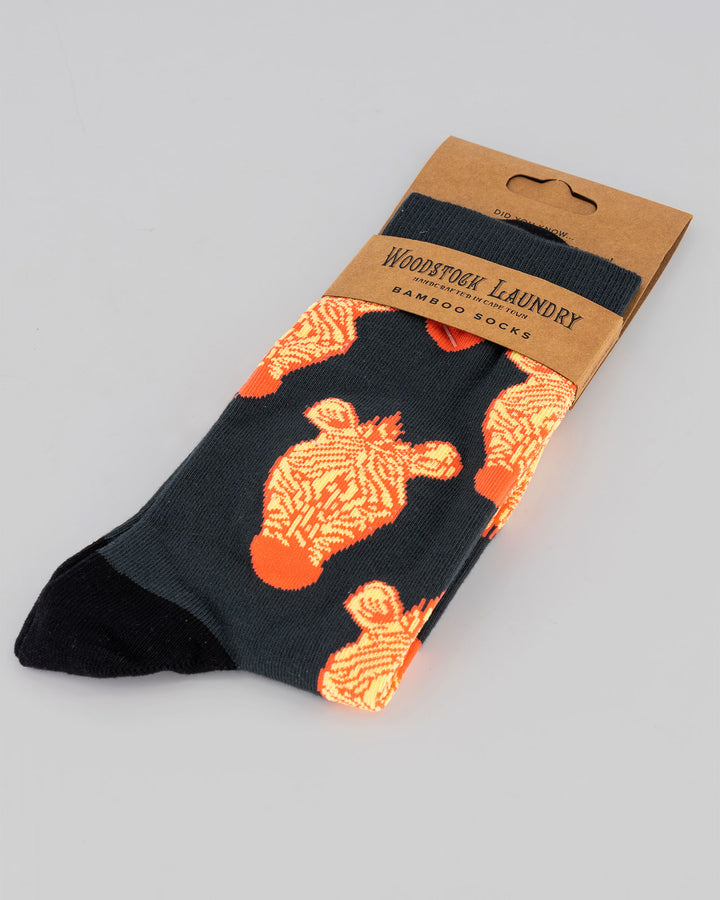 Bamboo Socks - Yellow Zebras on Green Packaging - Woodstock Laundry