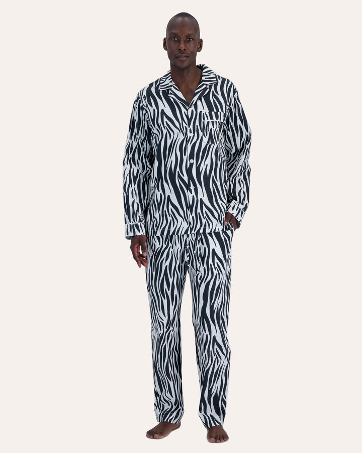 Mens Long Pyjamas - Zebra Stripes on White