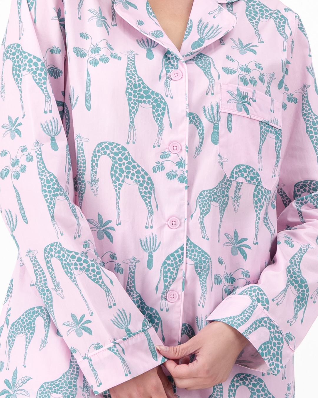 Womens Long Pyjamas - Green Giraffes on Pink
