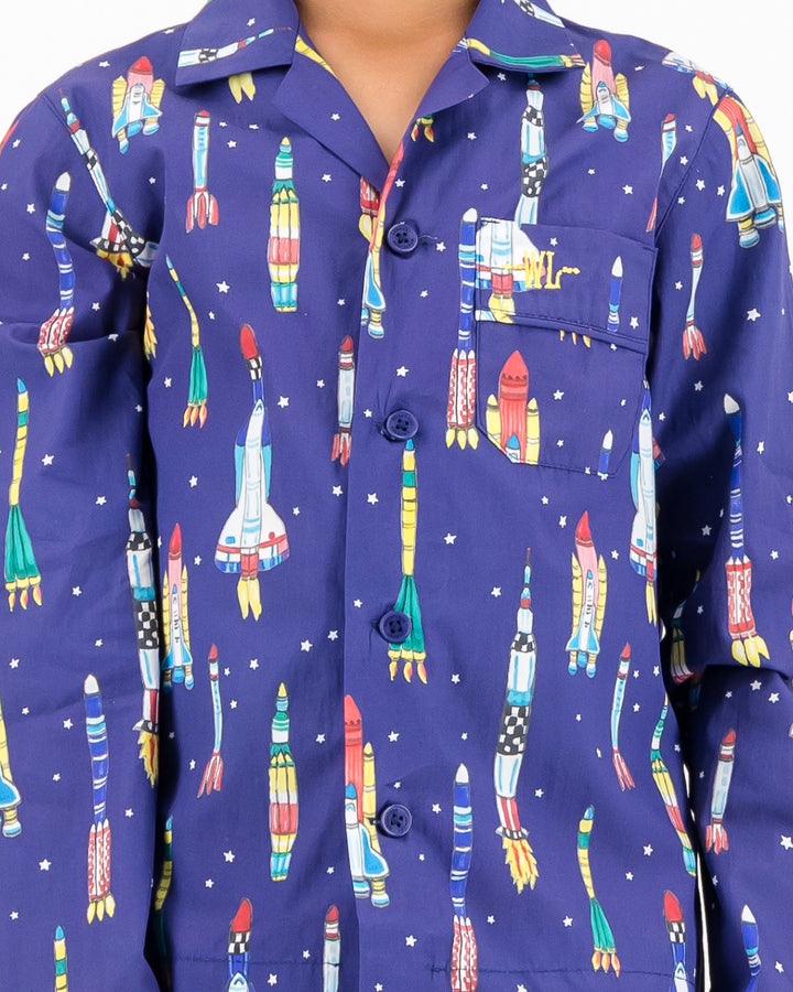 Boys Long Pyjamas - Rocketships on Navy