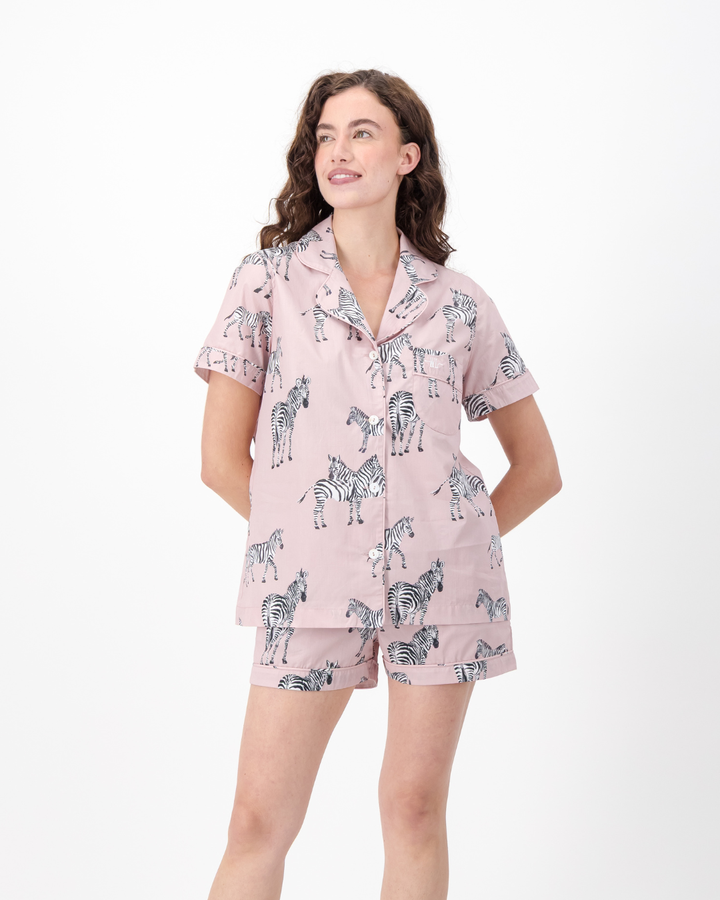 Womens Short Pyjamas - Mono Zebra on Pink