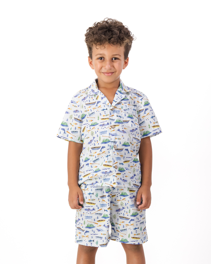 Boys Short Pyjamas - Boats and Fish on Light Blue