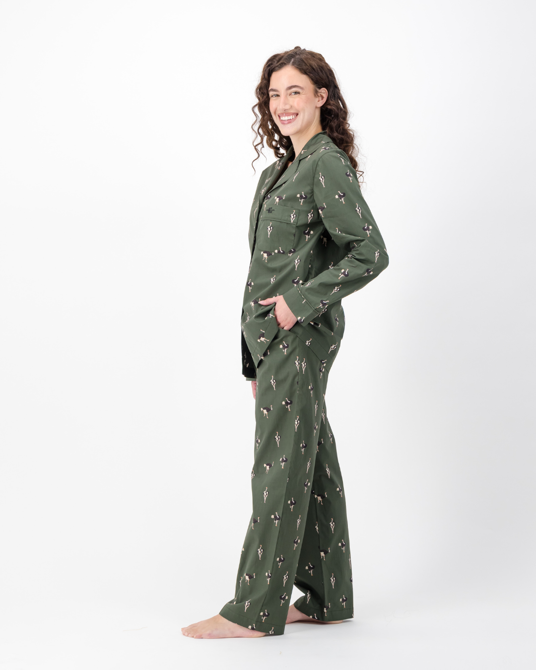 Womens Long Pyjamas - Ostrich on Emerald