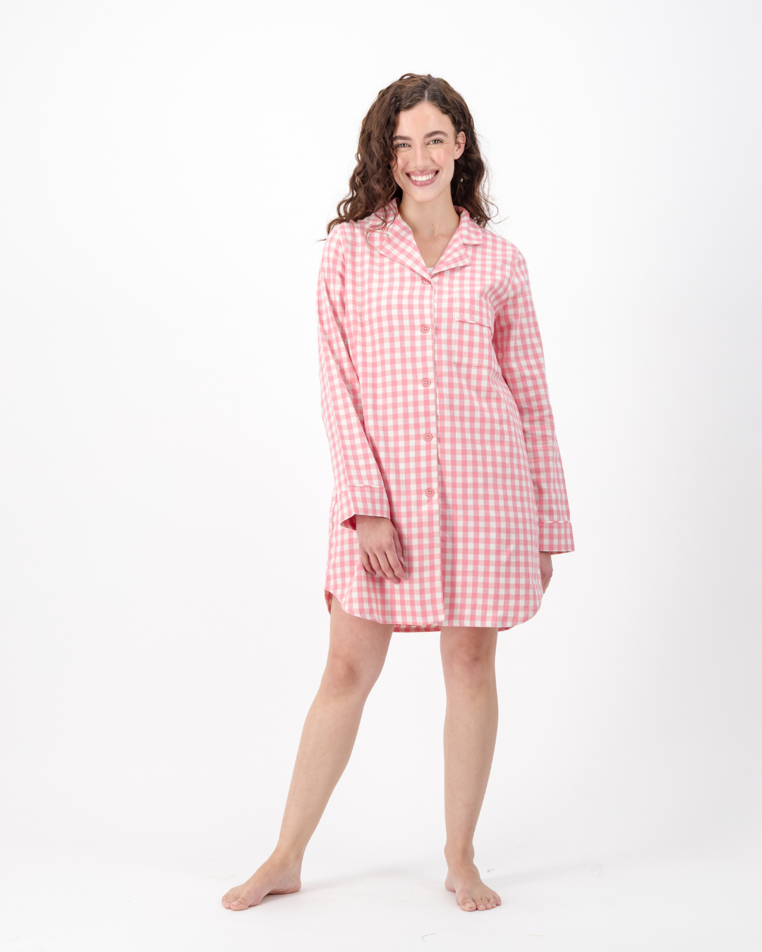 Womens Long-Sleeve Sleep Shirt - Pink Gingham on Cream
