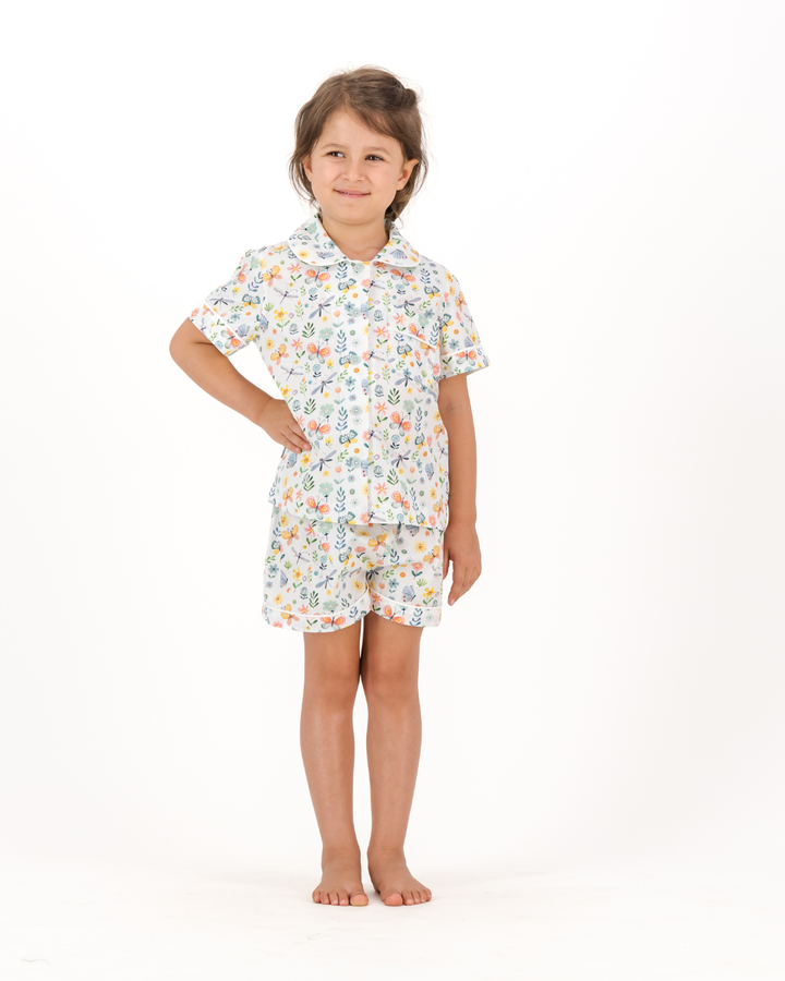 Girls Short Pyjamas - Butterfly and Dragonfly on White