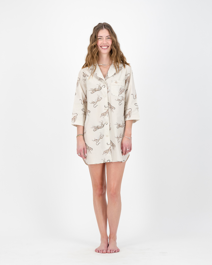 Womens Sleepshirt - Jumping Cheetah on Beige