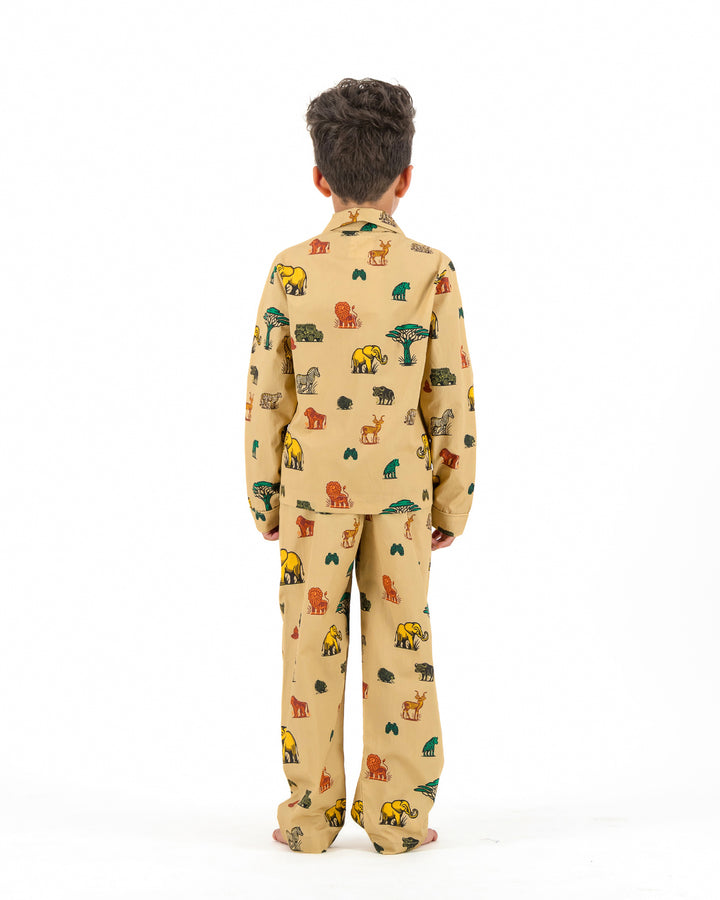 Boys Long Pyjamas - Safari Animals on Khaki