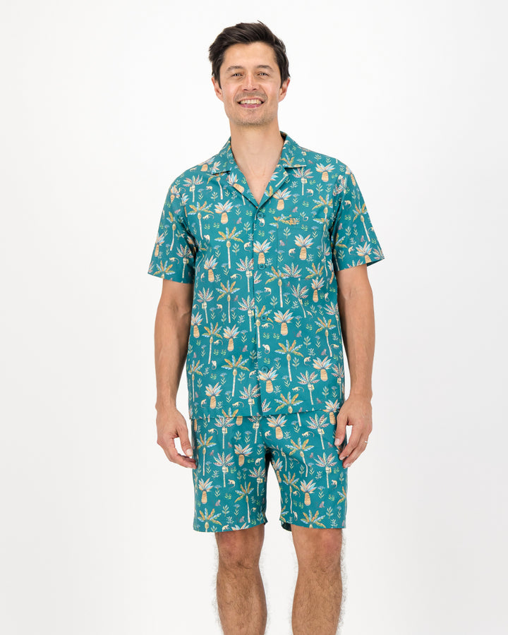 Mens Short Pyjamas - Monkeys and Palms on Teal