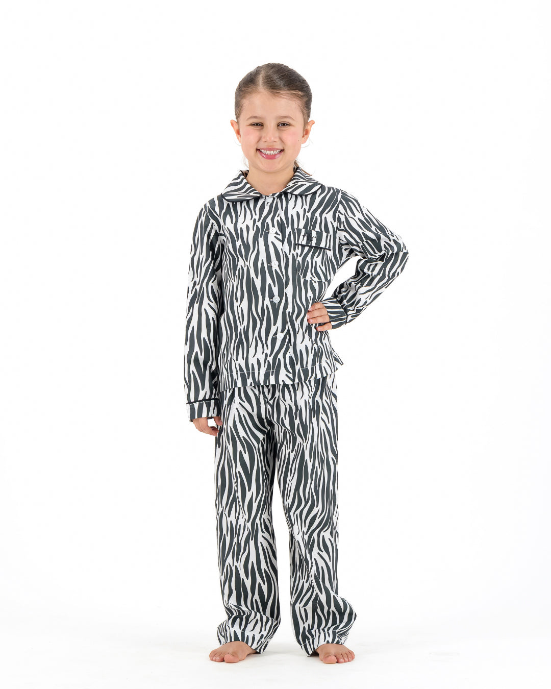 Girls Long Pyjamas - Black Zebra Print on White