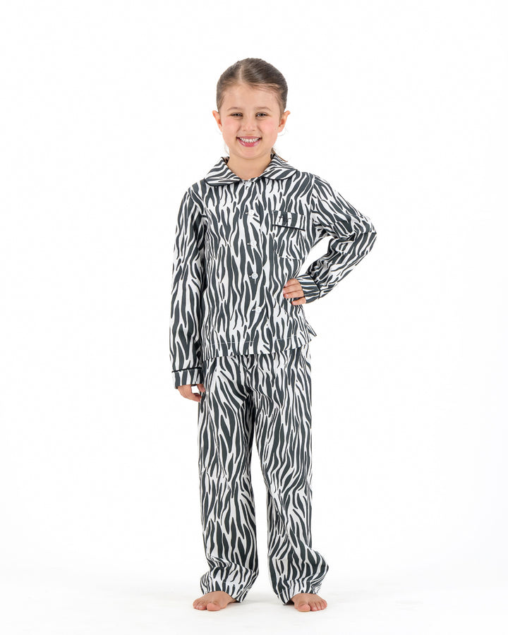 Girls Long Pyjamas - Black Zebra Print on White