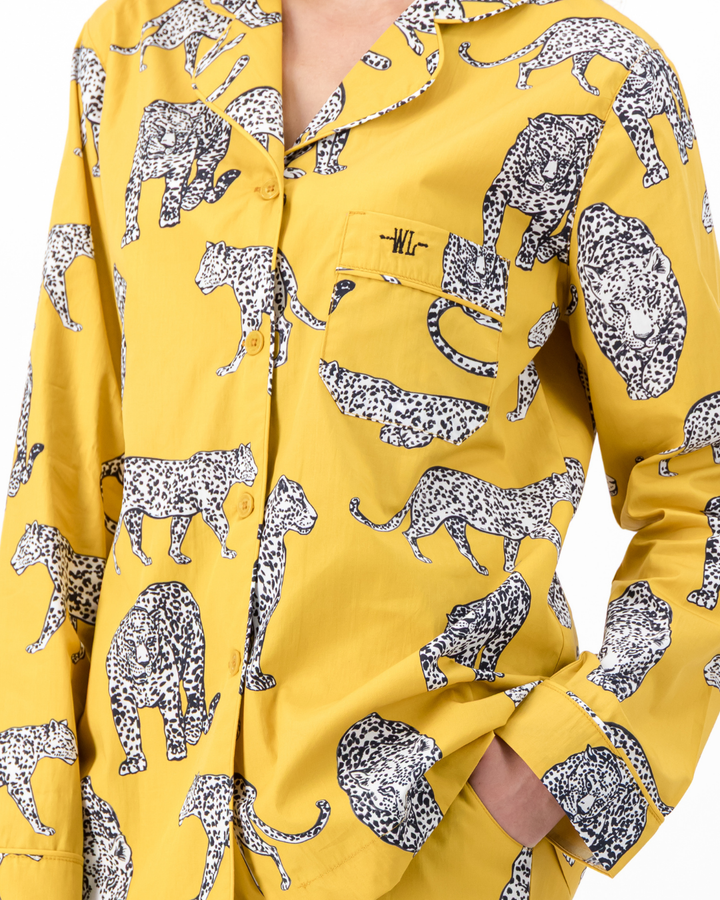 Womens Long Pyjamas - Mono Leopard on Mustard