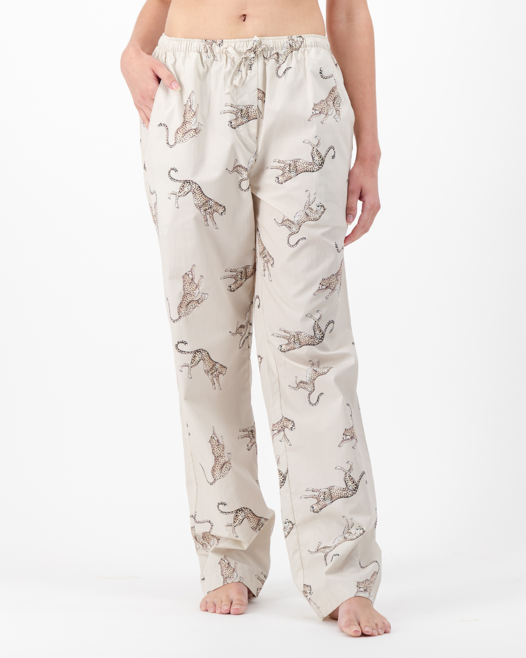 Womens Lounge Pants - Jumping Cheetah on Beige