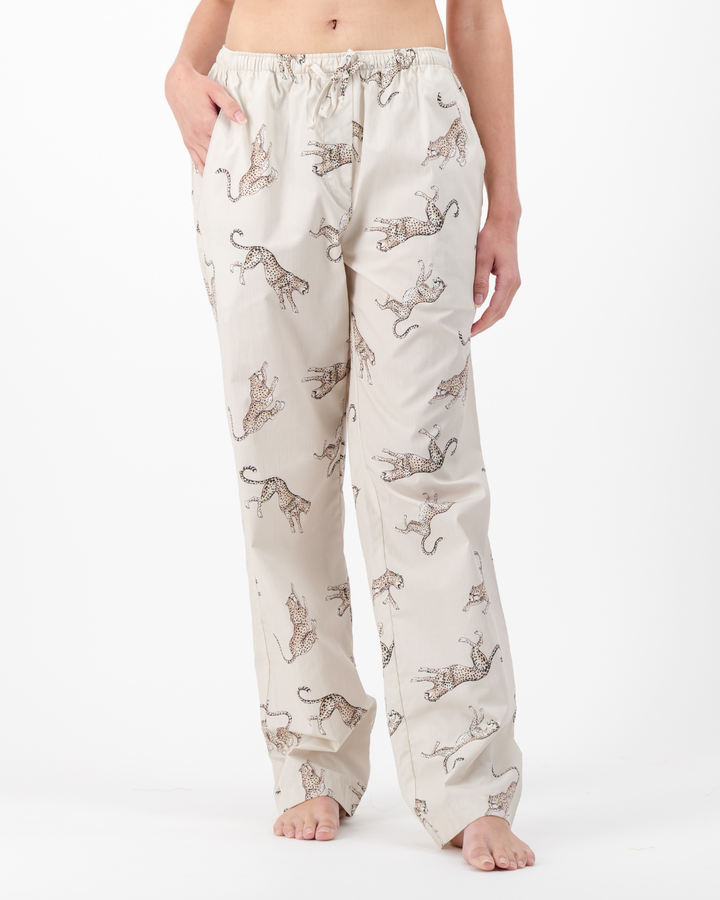 Womens Lounge Pants - Jumping Cheetah on Beige