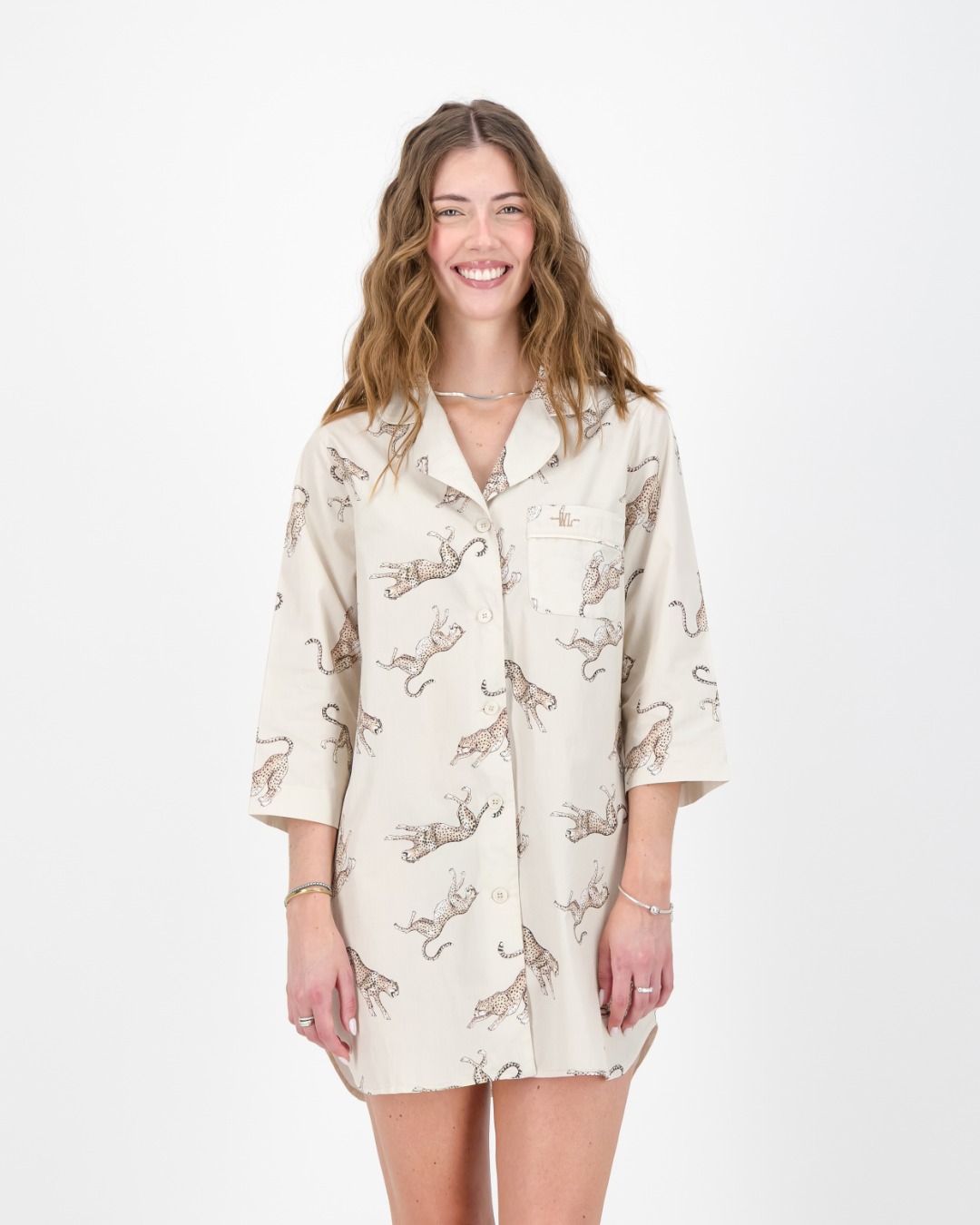 Womens Sleepshirt - Jumping Cheetah on Beige