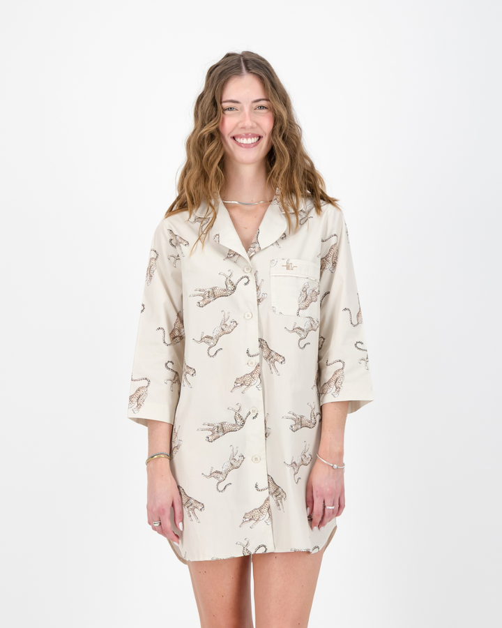 Womens Sleepshirt - Jumping Cheetah on Beige