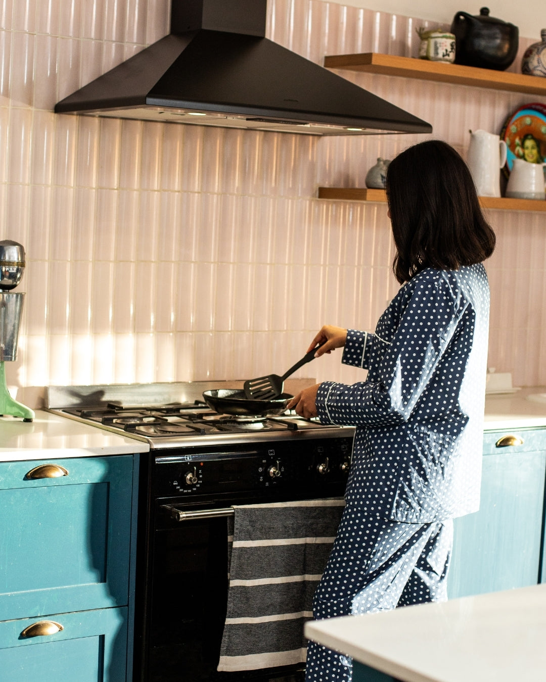Womens Long Pyjama - White Polka Dot On Navy